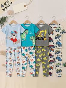 SHEIN 4pcs Young Boy Casual Shark Print Snug Fit Comfortable Round Neck Short Sleeve Pants Pajamas Set, Suitable For Summer Home Wear - Multicolor - View 6