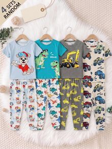 SHEIN 4pcs Young Boy Casual Shark Print Snug Fit Comfortable Round Neck Short Sleeve Pants Pajamas Set, Suitable For Summer Home Wear - Multicolor - View 1