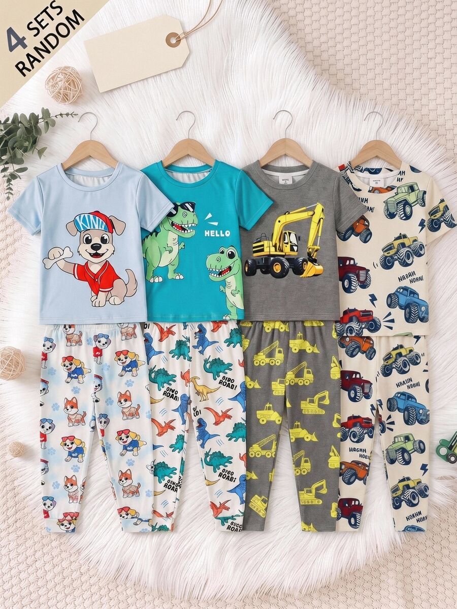 SHEIN 4pcs Young Boy Casual Shark Print Snug Fit Comfortable Round Neck Short Sleeve Pants Pajamas Set, Suitable For Summer Home Wear - Multicolor - View 1