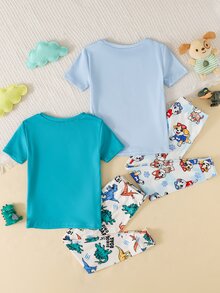 SHEIN 4pcs Young Boy Casual Shark Print Snug Fit Comfortable Round Neck Short Sleeve Pants Pajamas Set, Suitable For Summer Home Wear - Multicolor - View 2