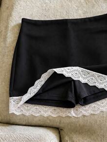 SHEIN Franclia 女款休閒純色迷你裙，適合夏季，可搭配短褲穿在裙內，牛仔裙 - 黑色 - 查看 3