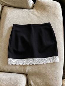 SHEIN Franclia 女款休閒純色迷你裙，適合夏季，可搭配短褲穿在裙內，牛仔裙 - 黑色 - 查看 2