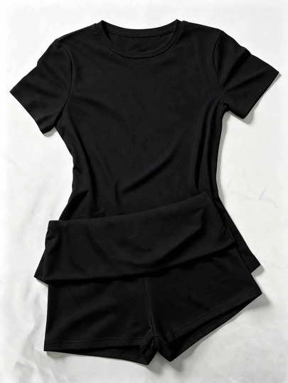 IslaSuriya Conjunto casual minimalista de 2 piezas gris para mujer, cuello redondo, atuendo cómodo y casual, adecuado para uso diario casual en primavera/verano