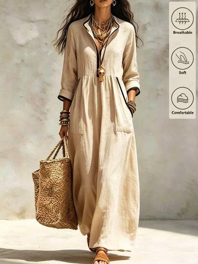 Breezaya Women's French Style Autumn Winter DressStylish Elegant Khaki LongLooseCasualDresswithBlack Piping&SmallStand-UpCollarIdealforCommutingandDailyOutings