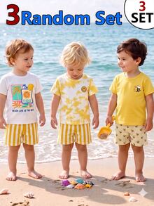 SHEIN 3 Random Sets,Casual Vacation Ocean Element Pattern, Expression Element Pattern, Animal Element Pattern Printed Round Neck Short - Multicolor - View 5