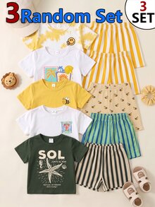 SHEIN 3 Random Sets,Casual Vacation Ocean Element Pattern, Expression Element Pattern, Animal Element Pattern Printed Round Neck Short - Multicolor - View 2