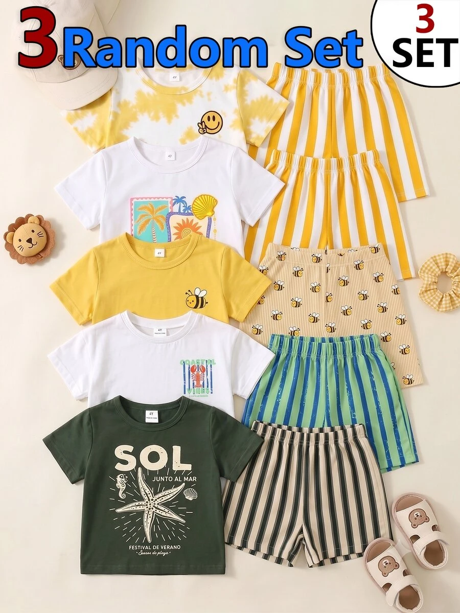 SHEIN 3 Random Sets,Casual Vacation Ocean Element Pattern, Expression Element Pattern, Animal Element Pattern Printed Round Neck Short