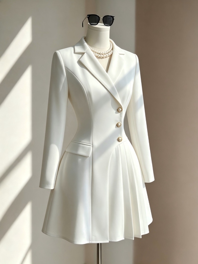 Fine & Folde Early Autumn Cross V-Neck Light Apricot Long Sleeve Pearl Button Pleated Heavy Work A-Line Elegant Commuter Versatile Date Short Dress For Women