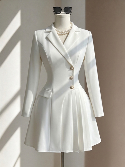 Fine & Folde Early Autumn Cross V-Neck Light Apricot Long Sleeve Pearl Button Pleated Heavy Work A-Line Elegant Commuter Versatile Date Short Dress For Women