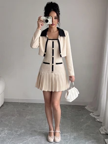 Tween Girl Pleated Strap Dress And Long Sleeve Cardigan Set Party Black And White Autumn Elegant - Beige - View 6
