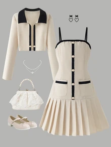 Tween Girl Pleated Strap Dress And Long Sleeve Cardigan Set Party Black And White Autumn Elegant - Beige - View 3