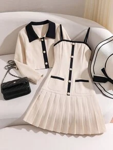 Tween Girl Pleated Strap Dress And Long Sleeve Cardigan Set Party Black And White Autumn Elegant - Beige - View 1