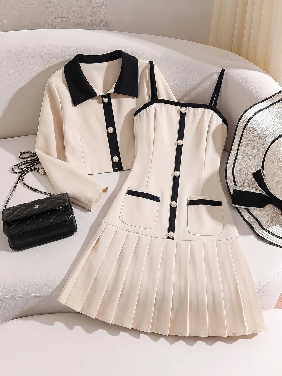 Tween Girl Pleated Strap Dress And Long Sleeve Cardigan Set Party Black And White Autumn Elegant - Beige - View 1