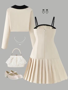 Tween Girl Pleated Strap Dress And Long Sleeve Cardigan Set Party Black And White Autumn Elegant - Beige - View 2