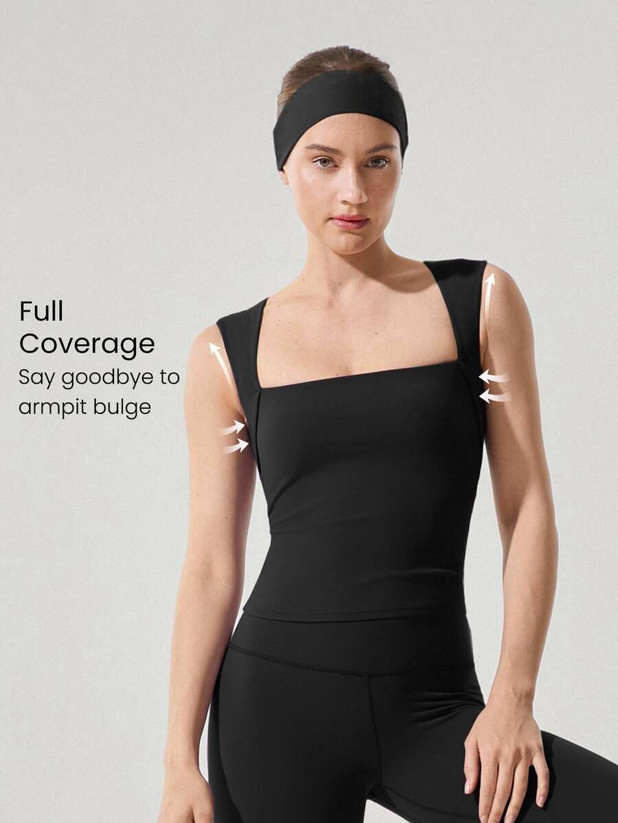 GLOWMODE Top básica de tank con cuello cuadrado y longitud total de cadera, de bajo impacto, para yoga, pilates y estudio, tazas removibles diarias - Negro - Ver 1