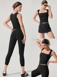 GLOWMODE Top básica de tank con cuello cuadrado y longitud total de cadera, de bajo impacto, para yoga, pilates y estudio, tazas removibles diarias - Negro - Ver 8