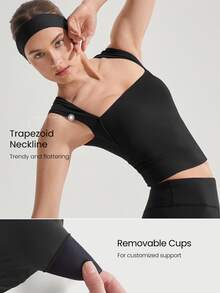 GLOWMODE Top básica de tank con cuello cuadrado y longitud total de cadera, de bajo impacto, para yoga, pilates y estudio, tazas removibles diarias - Negro - Ver 4
