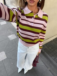 Aloruh 女款秋冬學院風拼色條紋長袖寬鬆針織毛衣，附 Polo 領，秋季 - 彩色 - 查看 3