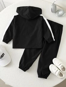 SHEIN 兒童小男孩拼接拉鍊半開襟條紋連帽外套與休閒長褲套裝 - 黑色 - 查看 4