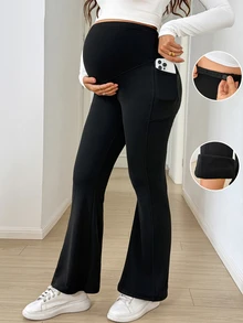 SHEIN 孕婦純色口袋可調腰圍冬季緊身褲 - 黑色 - 查看 2