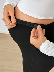 SHEIN 孕婦純色口袋可調腰圍冬季緊身褲 - 黑色 - 查看 7