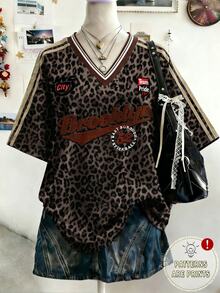 Lalippa 女款 T-shirt 夏季外出上衣，女款寬鬆 V 領棕色豹紋印花圖案，極簡英文字母印花圖案，圖案設計，日常穿著，休閒百搭，舒適面料 - 彩色 - 查看 1