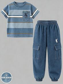 2pcs/Set Kaos Lengan Pendek Pria/Anak Laki-laki Motif Garis-garis Logo Berkuda Biru Putih Coklat Serbaguna Modis Nyaman Cocok untuk Semua Musim - MultiWarna - View 2