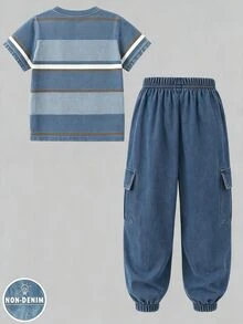 2pcs/Set Kaos Lengan Pendek Pria/Anak Laki-laki Motif Garis-garis Logo Berkuda Biru Putih Coklat Serbaguna Modis Nyaman Cocok untuk Semua Musim - MultiWarna - View 3