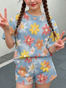 青少年女孩休閒可愛紋理碎花甜美奶油風田園風圓領短袖T恤與寬鬆短褲2件套，適合春夏，圖案舒適，女孩套裝，Y2K復古度假風 - 彩色 - 查看 2