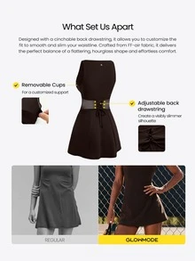 GLOWMODE 运动针织阳光必备可拆卸胸垫口袋后背抽绳腰身船领无肩带网球连衣裙，内置防滑短裤，适合网球、高尔夫、匹克球等运动，日常休闲穿着 - 棕色 - 查看 2