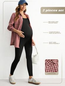 Modmama 孕婦純色緊身連身褲配格紋長袖襯衫 2件套 秋季拍照 正式 紅黑 休閒 寬鬆 - 彩色 - 查看 1
