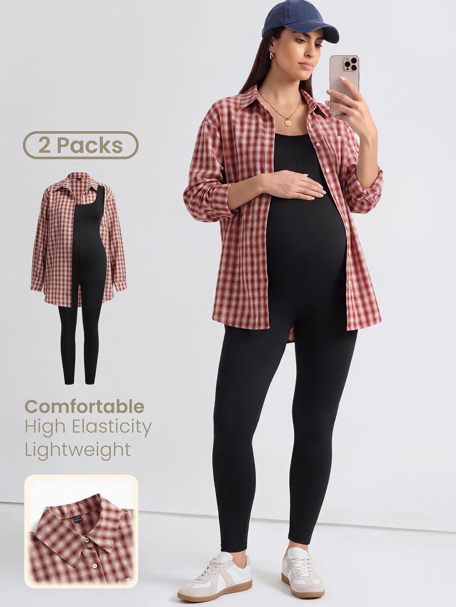 Modmama Maternity Solid Color Tight-Fitting Jumpsuit With Plaid Long Sleeve Shirt 2 Pieces Set Autumn Photoshoot Formal Red Black Casual Baggy - Multicolor - View 1