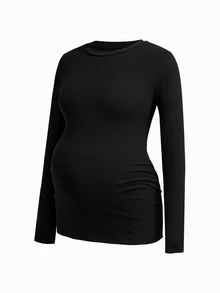 Modmama Maternity French Black Brown Print Round Neck Long Sleeve T-Shirt For Vacation Dates Gender Reveal Autumn Casual Simple Basic Cute Chic Going Out - Multicolor - View 8