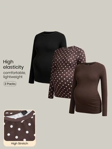 Modmama Maternity French Black Brown Print Round Neck Long Sleeve T-Shirt For Vacation Dates Gender Reveal Autumn Casual Simple Basic Cute Chic Going Out - Multicolor - View 2