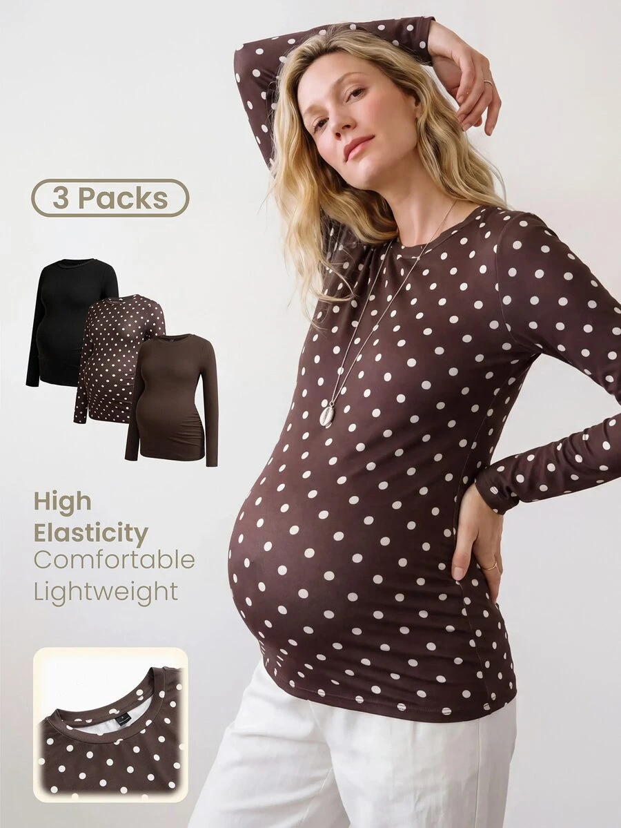 Modmama Maternity French Black Brown Print Round Neck Long Sleeve T-Shirt For Vacation Dates Gender Reveal Autumn Casual Simple Basic Cute Chic Going Out - Multicolor - View 1
