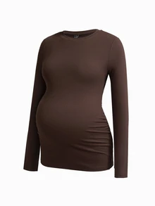 Modmama Maternity French Black Brown Print Round Neck Long Sleeve T-Shirt For Vacation Dates Gender Reveal Autumn Casual Simple Basic Cute Chic Going Out - Multicolor - View 11