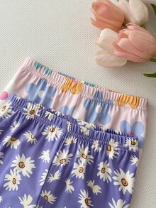 SHEIN 女童針織花卉圓領休閒T恤與長褲修身居家服 4件組 嬰兒紫色夏季粉色 2組隨機 - 彩色 - 查看 5