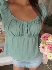 SHEIN EZwear 女款薄荷綠針織家居鈕扣半開襟襯衫 - 薄荷綠 - 查看 8