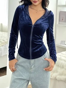 SHEIN EZwear 素色前開襟拉鍊長袖簡約休閒天鵝絨修身連帽外套，秋冬款 - 藏蓝色 - 查看 1