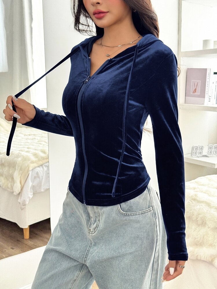 SHEIN EZwear Solid Color Front Zip Up Long Sleeve Simple Casual Velvet Slim Hooded Jacket In Fall/Winter - Navy Blue - View 3