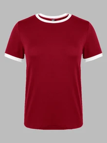 SHEIN Women's Color Block Simple Daily Short Sleeve T-Shirt For New Year Clothes Graphic Tees Women Tops - Red - View 5