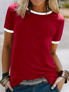 SHEIN Women's Color Block Simple Daily Short Sleeve T-Shirt For New Year Clothes Graphic Tees Women Tops - Red - View 1