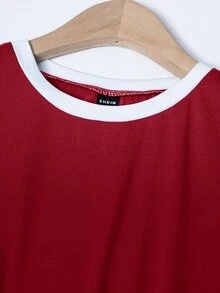 SHEIN Women's Color Block Simple Daily Short Sleeve T-Shirt For New Year Clothes Graphic Tees Women Tops - Red - View 8