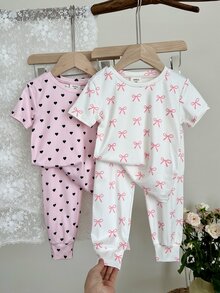 SHEIN 女童修身針織愛心蝴蝶結圖案休閒T恤與長褲居家服 7歲生日 粉色與淺紫色 夏季 2套隨機組合 - 彩色 - 查看 7