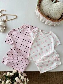 SHEIN 女童修身針織愛心蝴蝶結圖案休閒T恤與長褲居家服 7歲生日 粉色與淺紫色 夏季 2套隨機組合 - 彩色 - 查看 5