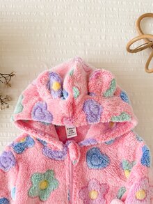 SHEIN 女嬰針織可愛秋冬毛絨花卉圖案長袖連帽連身衣，1件隨機發貨 - 彩色 - 查看 3