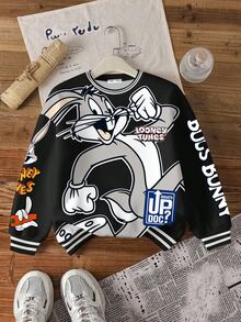 LOONEY TUNES X SHEIN 青少年男孩字母与卡通兔子图案圆领长袖落肩超大款卫衣 - 白色 - 查看 5