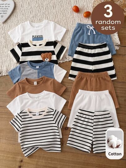 LMoss Kids 3sets Baby Boy Casual Round Neck T-Shirt And Elastic Waist Shorts,3 Random Sets