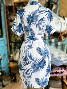 Franclia Palm Leaf Print Shirt Dress, Waist Cinched Slimming Commute Casual Dress, Retro Tropical Plant Print Holiday Essential - Blue - View 2