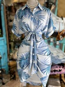 Franclia Palm Leaf Print Shirt Dress, Waist Cinched Slimming Commute Casual Dress, Retro Tropical Plant Print Holiday Essential - Blue - View 6